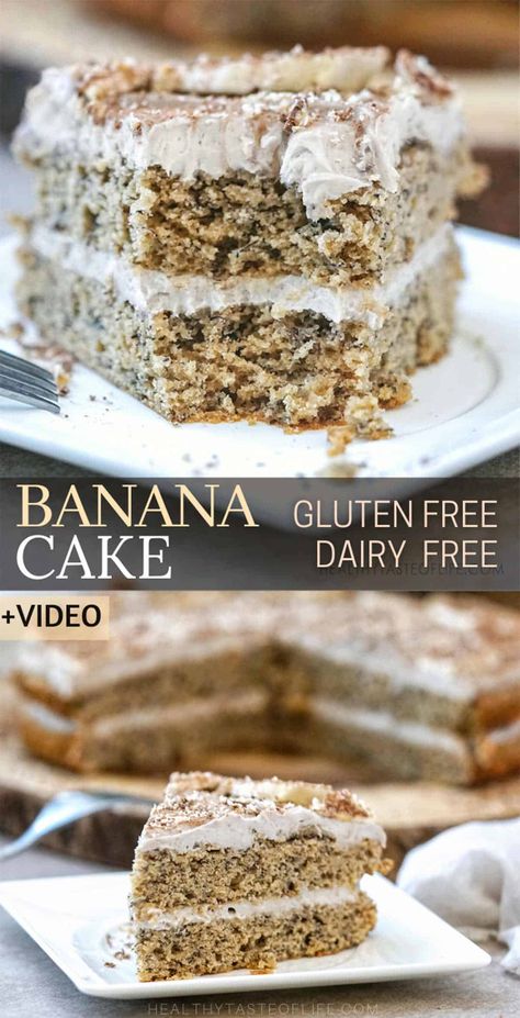 A fluffy and moist gluten free banana cake infused with natural banana flavor made with healthier ingredients and mostly without refined sugar. Enjoy this layered gluten free banana cake as it is (make a single layer) or finish it with a buttery dairy free frosting. Decorate with fresh banana slices and touch of powdered cacao if you like! Gluten free dairy free banana cake. #bananacake #glutenfreecake #dairyfreecake #glutenfreebananacake #healthy #glutenfreedessert #glutenfreedairyfreedessert Dairy Free Banana Cake, Gluten Free Dairy Free Recipes Dessert, Gluten Free Banana Cake, Unprocessed Recipes, Noom Recipes, Gluten Free Dairy Free Dessert, Dairy Free Frosting, Dairy Free Recipes Dessert, Banana Slices