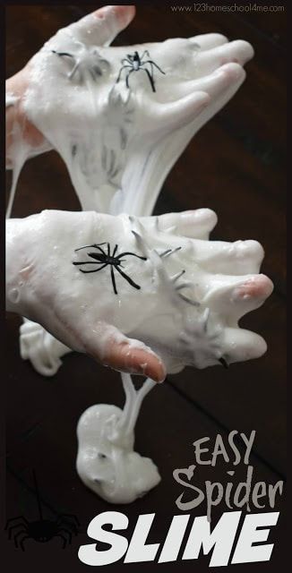 Easy Spider Slime Recipe - this is such a fun Halloween slime recipe that is quick and easy to whip up. This fun kids activity sheets and flows beautifully and when it lands it acts like silly putty. We use spiders with this BEST slime recipe and the slime looks like cobwebs - perfect for kids of all ages #slime #kidsactivities #halloween Slime Activities, Pumpkin Seed Crafts, Halloween Slime Recipe, Pumpkin Science Experiment, Stick Spider, Halloween Experiments, Pumpkin Math Activities, Soap Slime, Spider Activities