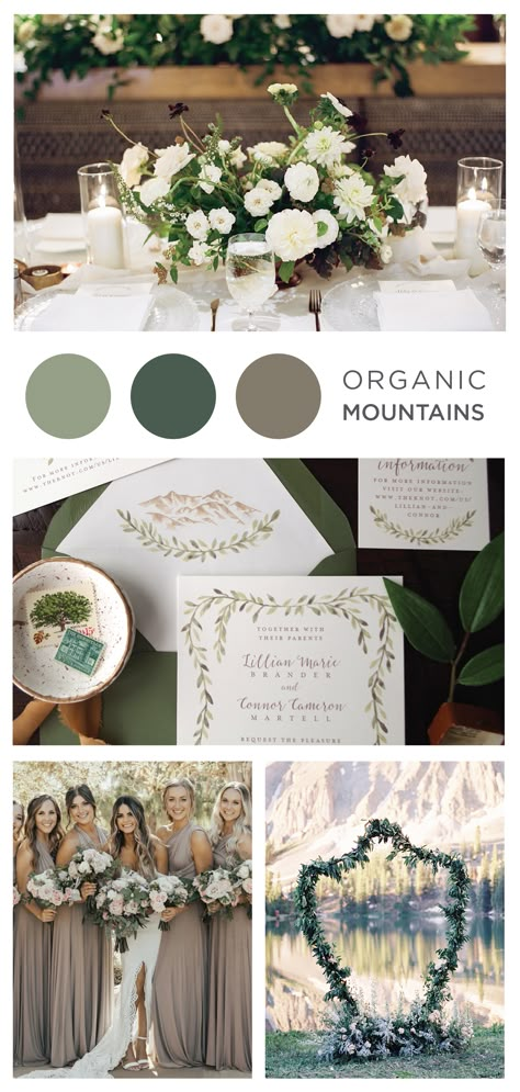 Colorado Wedding Color Palette, Rustic Greenery Wedding Color Palettes, Mountain Fall Wedding Colors, Wedding Mountain Theme Color Schemes, Mountain Wedding Color Pallet, Wedding Colors For Mountain Wedding, Emerald Green Mountain Wedding, April Mountain Wedding, Woodsy Wedding Color Schemes