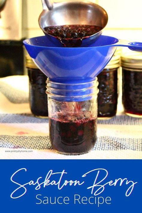 Saskatoon berry recipe to try right now. Make homemade saskatoon sauce or syrup in 20 minutes. Or make a larger recipe and preserve it for all year. Saskatoon Syrup Recipe, Saskatoon Berry Syrup, Saskatoon Berry Recipes, Saskatoon Recipes, Saskatoon Berry Recipe, Chokecherry Jelly, Baking Mix Recipes, Rhubarb Syrup, Saskatoon Berry