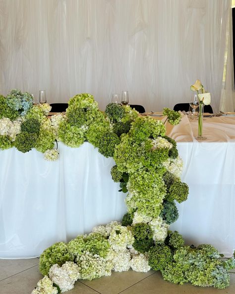 Hydrangea heaven Wedding Aisle Hydrangea, Green Hydrangeas Wedding, Hydrangea And Tulip Bouquet, Hydrangea Aisle Decor, Wedding Florals Hydrangeas, Green And Rose Wedding, White And Green Table Decor, Hydrangea Installation, Green Flowers For Wedding