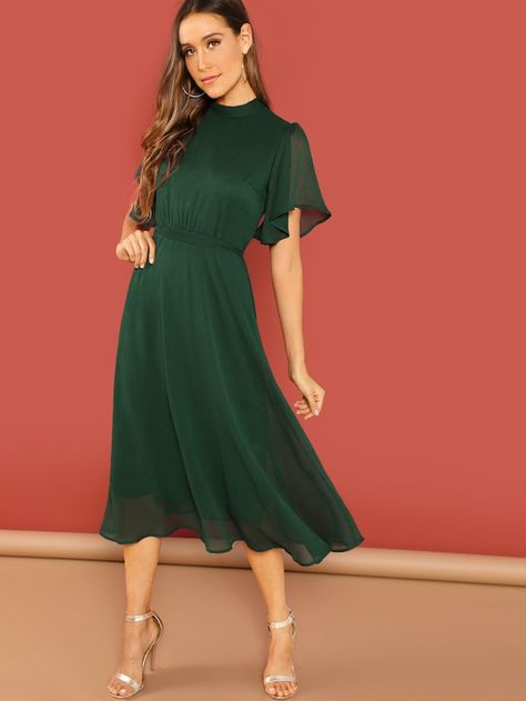 Flutter Sleeve Split Tie Back Solid Dress -SheIn(Sheinside) Green Holiday Dress, Stand Collar Dress, New Years Dress, Autumn Dress, Split Dress, Midi Dress With Sleeves, Solid Dress, Tie Dress, Formal Wedding