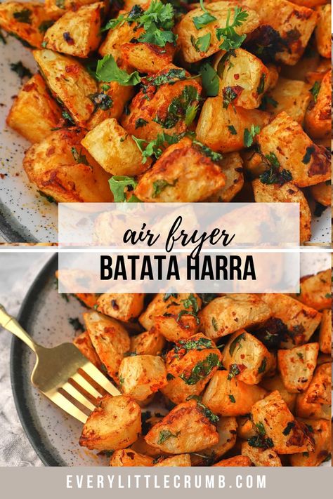 Air fryer batata harra is the best way to make this recipe for classic spicy Lebanese style potatoes. Using an air fryer guarantees deliciously crispy potatoes, and it's so much easier than oven roasting or frying! #batata #batataharra #airfryer #airfryerpotatoes #lebaneserecipes #mezze Batata Harra, Bombay Potatoes, Main Course Ideas, Crumb Recipe, Breakfast Sides, Lebanese Recipes, Middle Eastern Food, Crispy Potatoes, Middle Eastern Recipes