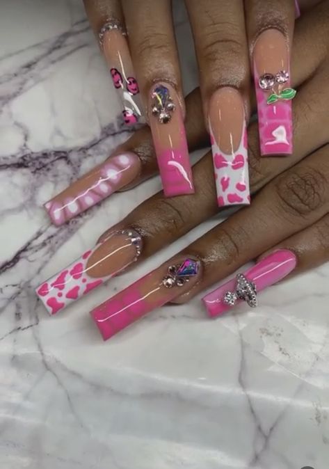 Cow French Tip Nails, French Tip Pink And White, Nude Nails French Tip, Cow French Tip, Pink Cowgirl Aesthetic Nails, Pink Cowprint Nails Acrylic, Pink Cowprint Nails French Tip, Nails French Tip Pink, Nude Nails French