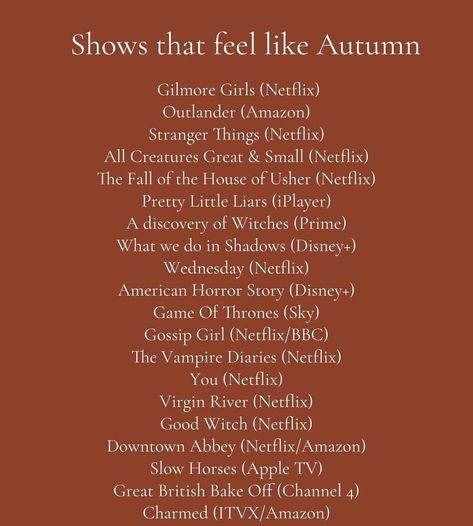 🍂 Shows that feel like autumn 🍂 These picks are perfect for an autumn night in! What’s on your fall watch list? 🍿👇 🖌️ bylaurenmcdermott Gilmore Girls Netflix, A Discovery Of Witches, Disney Games, Great British Bake Off, Autumn Night, Stranger Things Netflix, Great British, American Horror Story, Pretty Little Liars