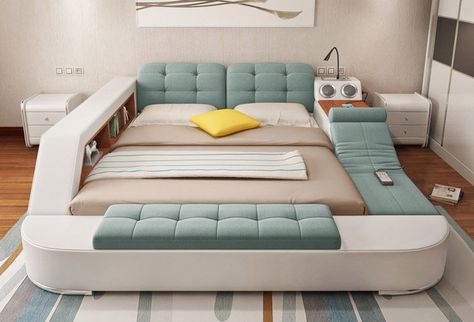 Unusual Furniture Design: These Super-Beds from China Come Loaded With Accessories - Core77 Cool Bed, Bed Designs With Storage, Bed Images, Smart Bed, One Bed, Modern Bedroom Design, Multifunctional Furniture, Wood Beds, Cool Beds