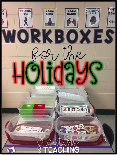 Christmas/Holiday themed work box ideas-- easy and cheap! Christmas Activities Special Education, Christmas Craft Special Education, Prek Busy Boxes, Christmas Busy Boxes, Task Box Preschool, Christmas Task Boxes, Task Boxes Preschool, Busy Bins, Christmas Learning Activities