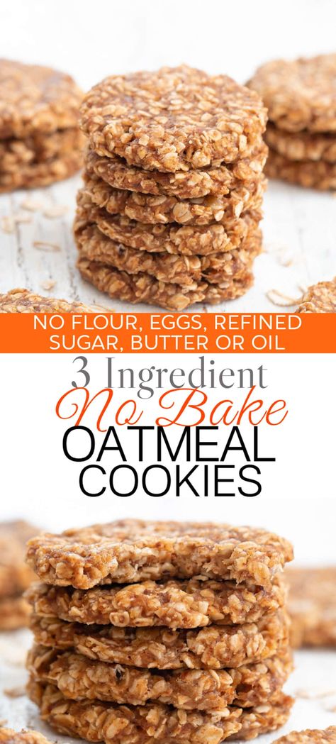 Healthy no bake oatmeal cookies that don't require any baking or cooking. These cookies are soft and chewy and just 3 ingredients. 3 Ingredient Cookies Recipes, 3 Ingredient Recipes No Bake, Oatmeal Cookies Easy 2 Ingredients, Oats Cookies Recipe 3 Ingredients, Recipes With Unsweetened Coconut Flakes, No Bake Healthy Cookies, No Bake Cookies Healthy, Healthiest Cookies, Keto Oatmeal Cookies