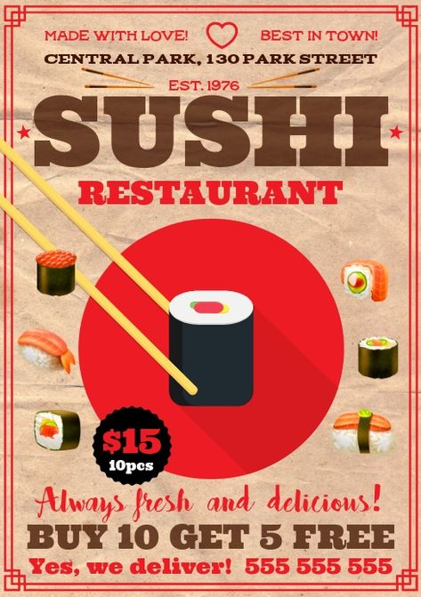 SUSHI POSTER Sushi Poster Design, Sushi Poster, Japanese Cafe, Sushi Design, Sushi Restaurants, Poster Templates, Social Media Pages, Ad Design, Poster Template