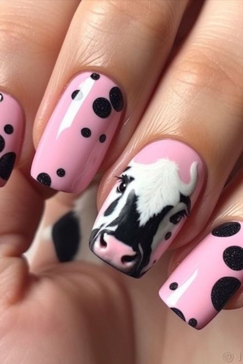 Pink Cow Nail Designs, Moo Cow Nails, Cute Cow Nail Designs, Nashville Nails Country, Cow Nails Designs, Cow Nail Designs, Strawberry Cow Nails, Cow Nails Acrylic, Farm Animal Nails