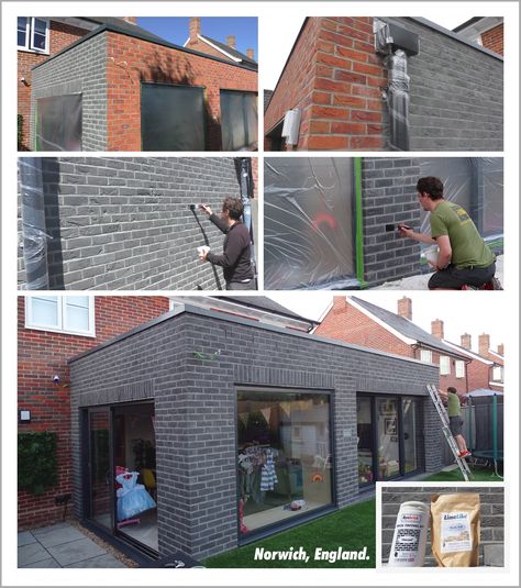 Gallery - LimeLike Lime Washed Brick Exterior, Gray Painted Brick House, Gray Brick House Exterior, Limewash Brick Exterior, Grey Painted Brick, Brick Staining, Grey Brick Houses, Paint Combos, Red Brick Exteriors