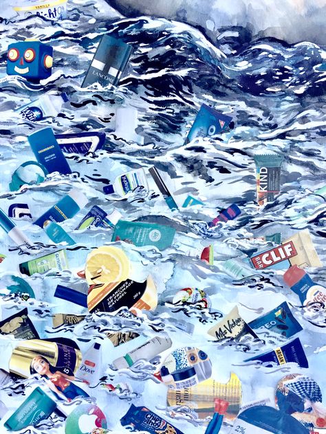 Collage Trash Recycled Art, Plastic Pollution Collage, Plastic Waste Illustration, Pollution Collage, Environment Collage, Environmental Collage, Trash Collage, Trash Drawing, Ecological Art