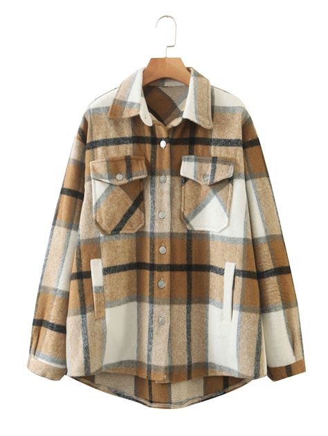 Plaid Flap Pocket Button Up Trucker Coat | SHEIN USA Plaid Jacket, Mode Online, Green And Khaki, Street Style Looks, Women's Coats & Jackets, Preppy Style, Plaid Shirt, Flap Pocket, Fashion Games