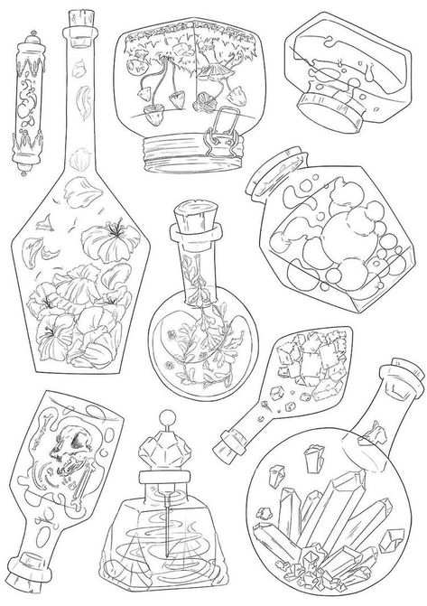 Potions Illustration Art, Magic Bottle Drawing, Potion Bottle Tattoo Magic, Magic Potion Bottles Drawing, Magic Potion Illustration, Potion Bottles Drawing, Potion Drawing, Magic Sketch, Witch Coloring Pages