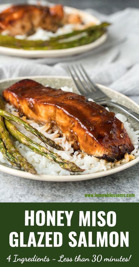 This Honey Miso Glazed Salmon is tender, flaky, light and bursting with flavor! With only 4 ingredients, this baked salmon recipe cooks in one pan and in about 15 minutes!. #recipe #salmon #bake #grill #miso #Asian Miso Salmon Recipe, Salmon Bake, Miso Glazed Salmon, Honey Glazed Salmon, Miso Salmon, Recipe Salmon, Garlic Butter Salmon, Miso Glaze, Healthy Salmon Recipes