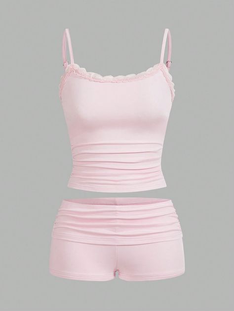 SHEIN EZwear Women's Lace Patchwork Summer Casual Cami Top And ShortsI discovered amazing products on SHEIN.com, come check them out! Pijama Shein, Soft Feminine Outfits, Shein Shorts, Lingerie Shorts, Sleepwear Fashion, Shein Outfits, Future Outfit, Cute Pajamas, Lace Patchwork