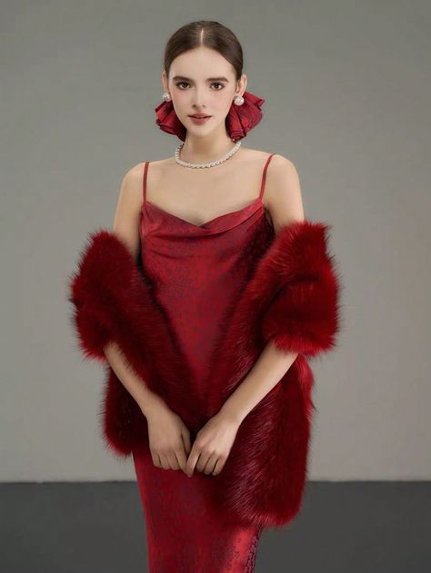 1pc Women's Faux Fox Fur Shawl/Wrap For Wedding, Festival Dress, Easy-Matching Shawl/Cape, Elegant GiftI discovered amazing products on SHEIN.com, come check them out! Prom Dress With Fur Shawl, Dresses With Fur Shawl, Dress With Fur Shawl, Fur Shawl Outfit, Red Dress Fur, Burgundy Fur Coat, Gold Lace Wedding Dress, Burgundy Dress Outfit, Black Tie Outfits