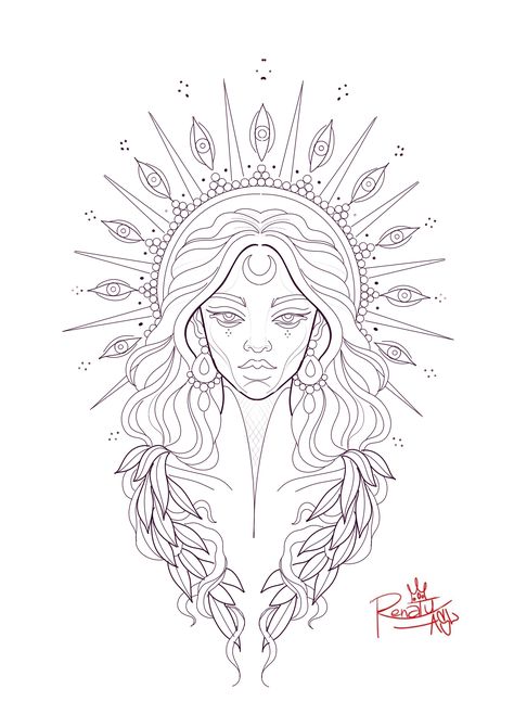 Goddess Fine Line Tattoo, Greek Goddess Back Tattoo, Achelois Goddess Tattoo, Sun And Moon Goddess Tattoo, Stomach Tattoo Women, Lilith Drawing, High Priestess Tattoo, Goddess Drawing, Lace Bow Tattoos