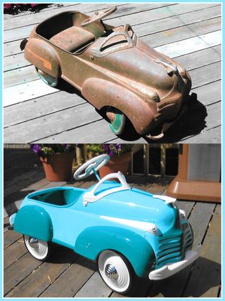 Pedal Cars are an icon of Mid Century children's lives. Talk to anyone over the ago of 50, and chances are they had a pedal car, or at least wanted one! Today, pedal... Toy Pedal Cars, Vintage Pedal Cars, Auto Body Shop, Cycle Car, Pedal Car, Riding Toys, Car Restoration, Metal Toys, Pedal Cars