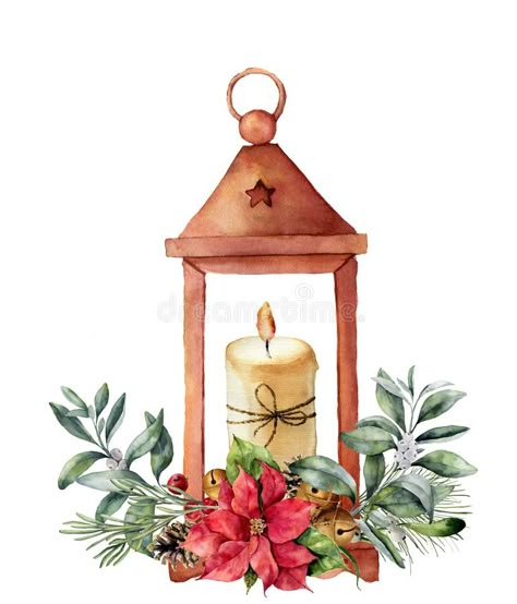 Watercolor Christmas lantern with candle and decor. Hand painted traditional lantern with christmas plant isolated on royalty free illustration نباتات منزلية, Traditional Lanterns, Christmas Lantern, Christmas Plants, Lantern Candle Decor, Christmas Card Art, Watercolor Christmas Cards, Red Lantern, 수�채화 그림