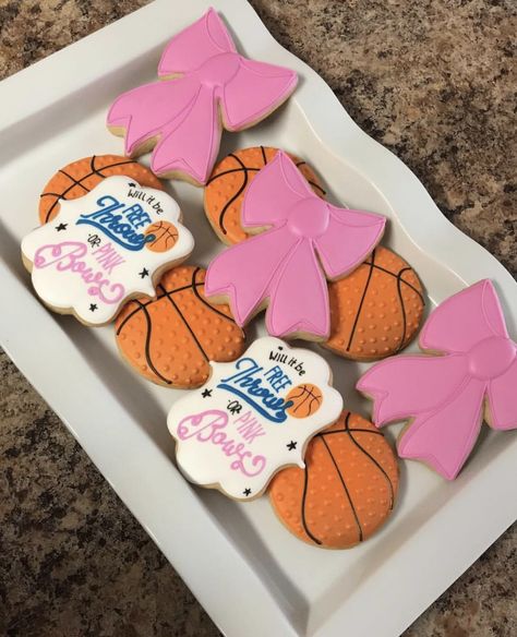 Gender Reveal Ideas For Party Basketball Theme, Basketball And Bows Gender Reveal, Gender Reveal Ideas Sports Theme, Sport Gender Reveal Ideas, Free Throws Or Pink Bows Cake, Sports Gender Reveal Ideas, Basketball Gender Reveal Decorations, Gender Reveal Basketball Theme, Bows Or Free Throws Gender Reveal