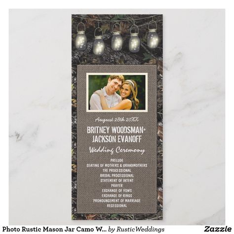 Photo Rustic Mason Jar Camo Wedding Programs Photo Rustic Mason Jar Camo Wedding Programs - features a printed hunting camouflage background with design elements of burlap and lighted mason jars. ❤ Affiliate ad link. Fun wedding invites. Customize these invitations / products for your weddings. #invitations #invites #weddings Camo Wedding Decorations, Background With Design, Wedding Text, Camo Wedding Dresses, Camouflage Background, Rustic Wedding Programs, Camouflage Wedding, Hunting Wedding, Cowgirl Wedding