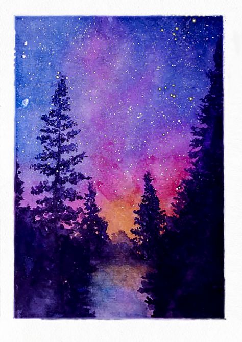 Colored Pencil Night Sky, Watercolor Art Northern Lights, Night Sky Pencil Drawing, Night Time Watercolor, Night Sky Watercolor Painting, Night Watercolor Paintings, Watercolor Art Night, Night Sky Painting Easy, Northern Lights Painting Watercolors