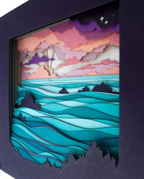 Hazel Glass - So many of you have requested a new version... Paper Layering Art Simple, Sea Concept Art, 3d Box Frames, Side Quest, Box Frame Art, Cut Out Art, Paper Cutout Art, 2d Illustration, Paper Pop