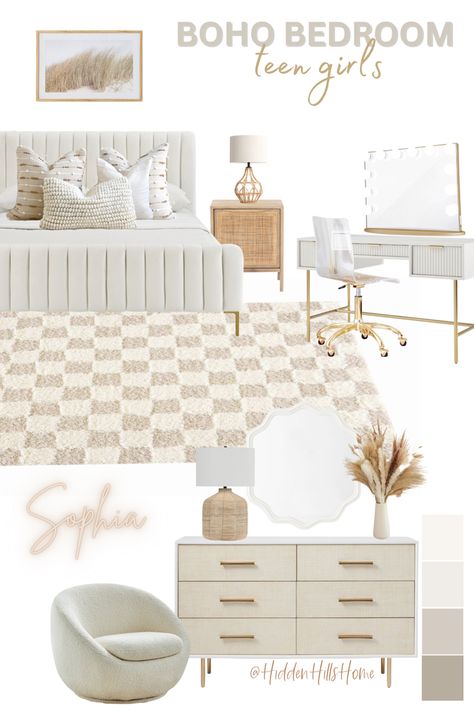 Boho girls bedroom decor mood board with a neutral color scheme! Cute bedroom decor ideas for teen girls room Nutral Girls Bedroom Ideas, Modern Girls Room Ideas, Cute Rooms Teen Girl, Girls Bohemian Bedroom Ideas, Neutral Boho Bedroom Decorating Ideas, White And Gold Boho Bedroom, Youth Girls Bedroom Ideas, Beige Teenage Girl Bedroom, Teen Neutral Bedroom Ideas