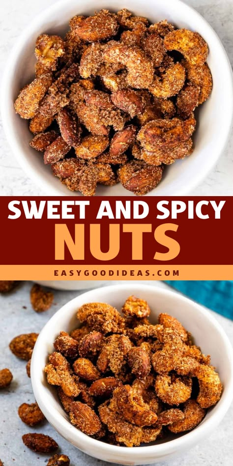 Looking for a crowd-pleasing snack? These Sweet and Spicy Nuts are a mix of cashews, almonds, and walnuts tossed in a blend of sugar, salt, smoked paprika, and cinnamon, making them a delicious holiday party snack that combines sweetness with a touch of heat! Sweet And Spicy Mixed Nuts Recipe, Savory Nuts Recipe, Game Day Dinner Ideas, New Year Party Food, Snack Mix Ideas, Game Day Dinner, Festive Christmas Food, Spicy Chex Mix, Finger Foods Ideas