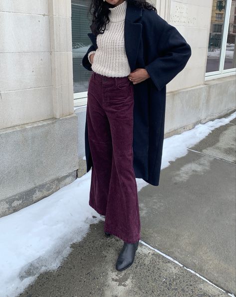 Purple Cords Outfit, Plum Jeans Outfit, Purple Work Pants Outfit, Burgundy Cords Outfit, Eggplant Color Outfits, Purple And Maroon Outfit, Plum Trousers Outfit, Eggplant Pants Outfit, Purple Velvet Pants Outfit