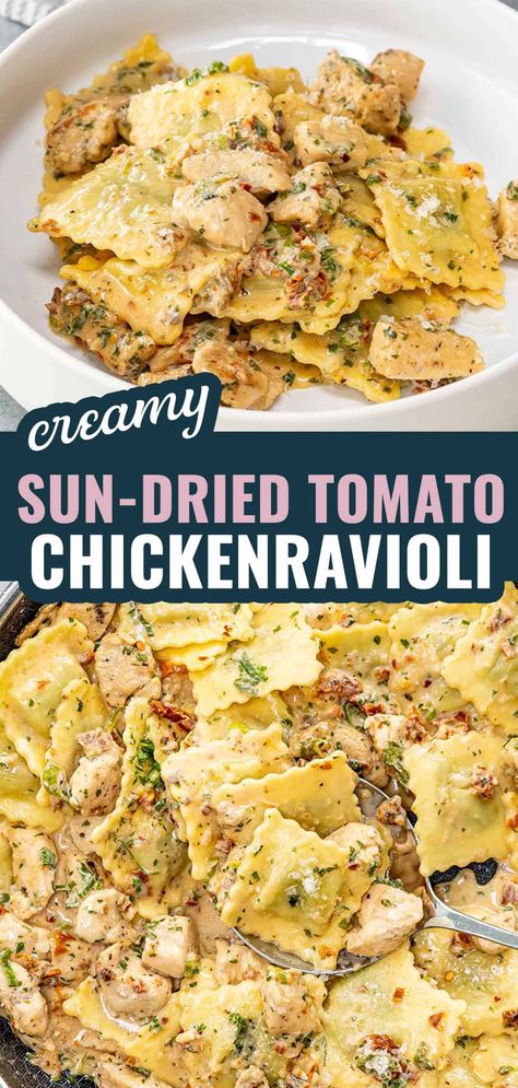 Creamy Sundried Tomato Chicken Ravioli, Main Course Dishes Recipes, Sun Dried Tomato Sauce Recipe, Sunday Summer Dinner, Chicken And Ravioli Recipes, Summer Sunday Dinner Ideas, Ravioli Dishes, Sun Dried Tomato Chicken, Chicken Ravioli