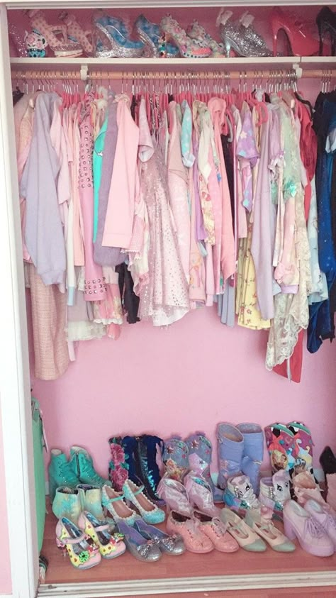 Kelly Eden's closet Kawaii Wardrobe Closet, Cosplay Closet Organization, Cutecore Closet, Harajuku Room, Kawaii Closet, Closet Storage Solutions, Kawaii Rooms, Kelly Eden, Creepy Cute Fashion