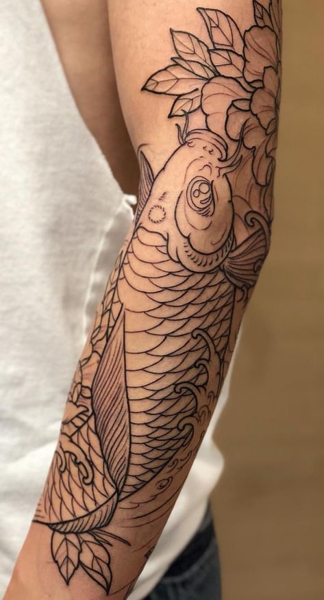 Mirroring Tattoos, Koi Fish With Clouds Tattoo, Japanese Coil Fish Tattoo, Fish Sleeve Tattoo, Japan Fish Tattoo, Trible Tattoos, Calf Tattoo Ideas, Tattoo Placement Arm, Black Skull Tattoo