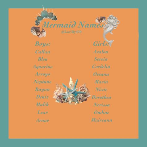 Mermaid Names Goddesses, Mermaid Names Aesthetic, Names For Mermaids, Fantasy Ocean Names, Ocean Themed Names, Mermaid Names Ideas, Siren Names Ideas, Names That Mean Ocean, Island Names