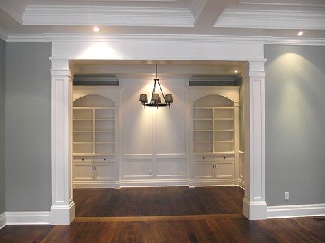 Open Wall Between Living And Family Room, Cased Door Openings, Deep Cased Opening, Large Opening Between Rooms, Case Opening Trim, Framed Opening Between Rooms, Case Opening Ideas, Encased Opening, Arched Opening Between Rooms