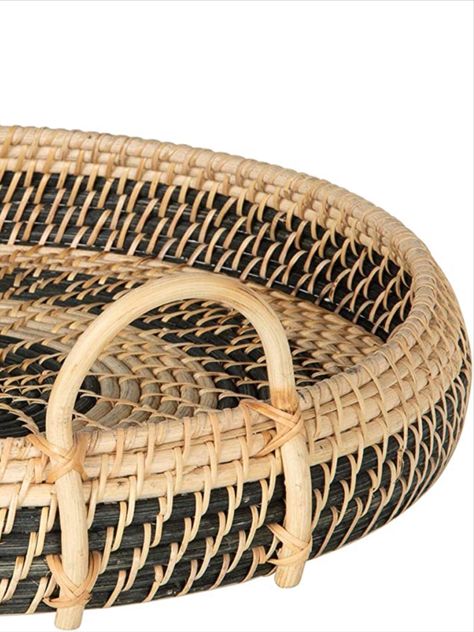 "round rattan tray," "breakfast tray," "natural-black decor," and "rattan serving tray." Bathroom Vanity Rattan Tray, Large Wicker Basket Tray, Rattan Serving Tray, Round Rattan Tray, Rattan & Black Dressing Table Tray, Woven Trays, Black Color Combination, Breakfast Tray, Small Organization