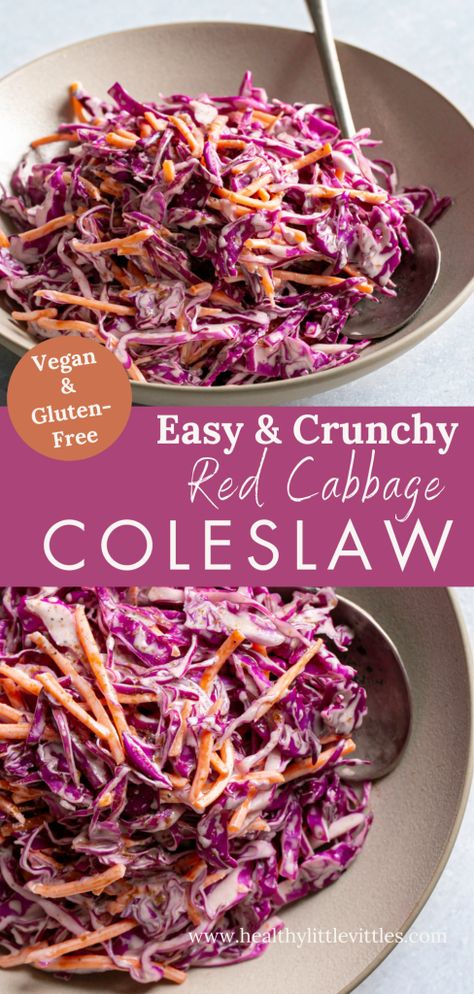 Easy & Crunchy Red Cabbage Coleslaw (Vegan!) Dairy Free Coleslaw, Cabbage Coleslaw Recipe, Red Cabbage Coleslaw, Cabbage Coleslaw, Cabbage Slaw Recipes, Healthy Coleslaw, Red Cabbage Recipes, Red Cabbage Salad, Carrot Slaw