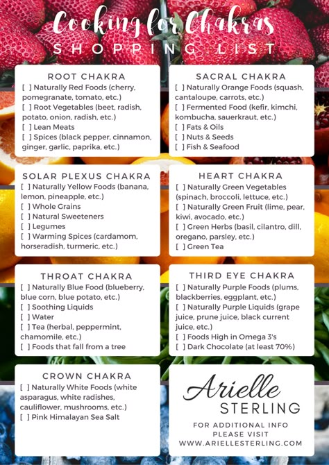 Shopping check-list for eating right for your chakras Chakra Foods, Chakra Health, Chakra Yoga, Reiki Chakra, Energy Healing Spirituality, Eating Right, Energy Healer, Healing Food, Chakra Meditation