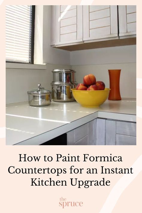 Painting Formica countertops updates their style and color without the high cost of replacement. Learn step-by-step how to paint Formica countertops. #diykitchenupgrade #diykitchencountertopupgrade #homerenoideas #easyhomerenoprojects  #homedecorideas #remodeltips #renovationideas #thespruce Enamel Paint Countertops, Can You Paint Formica Cabinets, How To Paint Formica Countertops Diy, Redoing Formica Countertops, Cheap Way To Update Countertops, Formica Kitchen Countertops Makeover, Can You Paint Formica Counter Tops, Update Formica Countertops Diy, Formica Countertops Redo Diy