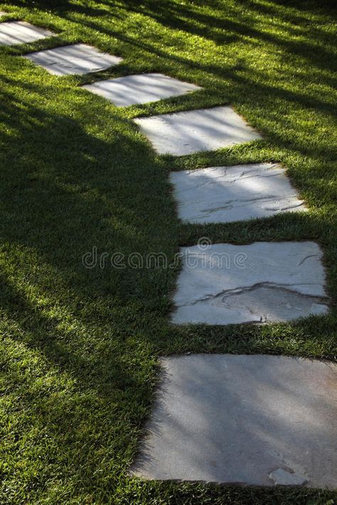 Garden Path In Grass Ideas, Path Across Lawn, Slabs In Grass Path, Lawn Stepping Stones, Steppers In Lawn, Garden Path Through Lawn, Grass And Stone Walkway, Stepping Stones In Grass Lawn, Lawn Pathway Ideas