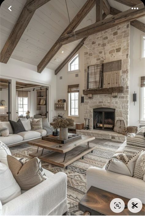 Barndominium Ideas Interiors Living Room, Ranch House Fireplace, Living Room Designs Barndominium, Modern Ranch Style Living Room, Contemporary House Interior Living Rooms, Barndominium With Stone, Beam In Living Room, Modern Ranch House Interior Design, Ranch Living Room Ideas