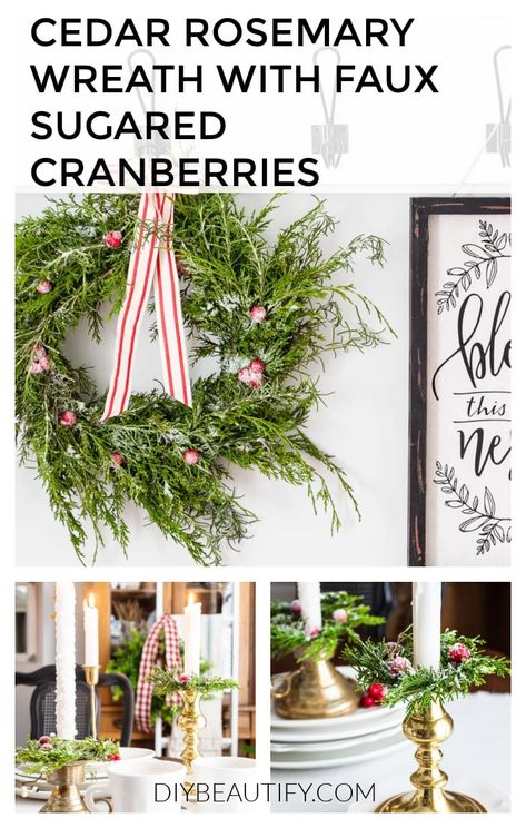 Make a fragrant cedar and rosemary wreath topped with faux sugared cranberries! A wonderfully easy and inexpensive wreath or DIY candle rings for the holidays. diybeautify.com #diy #wreath #cedar #cranberries Rosemary Diy, Candle Rings Diy, Cottage Christmas Decorating, Rosemary Candle, Farmhouse Hooks, Rosemary Wreath, Inexpensive Wreaths, Herb Wreath, Cedar Wreath