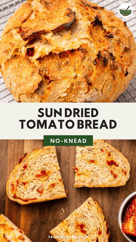 This No-Knead Sun Dried Tomato Bread has a crunchy and crispy crust on the outside, an airy and fluffy crumb on the inside, and a ton of chewy sun dried tomatoes throughout. Vegan. Sun Dried Tomato Bread, Hearty Bread, Garlic Baked, Dutch Oven Bread, Tomato Bread, Herb Bread, Artisan Bread Recipes, Asiago Cheese, Dutch Oven Recipes