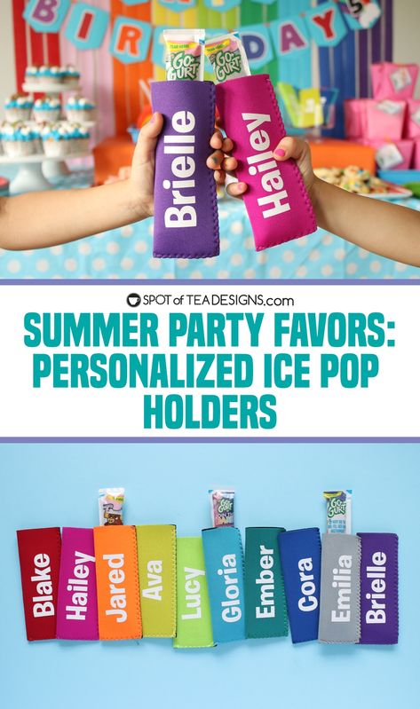 Personalized Ice Pop Holders Party Favors | Spot of Tea Designs Cricut Personalized Party Favors, Diy Cricut Party Favors, Cricut Birthday Party Favors, Cricut Party Favors Kids, Ice Cream Birthday Favors, Cricut Party Favors, Personalized Party Favors Kids, Popsicle Holders Vinyl Sayings, Class Birthday Treats