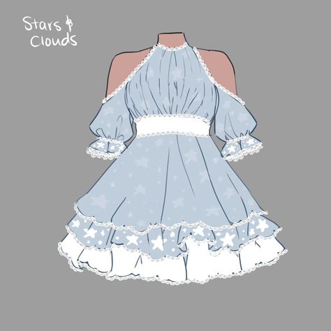 Cute Art Styles Outfit, Fluffy Dress Drawing Reference, Blue Clothes Drawing, Ocean Outfit Ideas, Drawing Reference Clothing, Fluffy Dress Drawing, Blue Outfit Drawing, Outfit Ideas For Art, Clothes Sketches Design Ideas