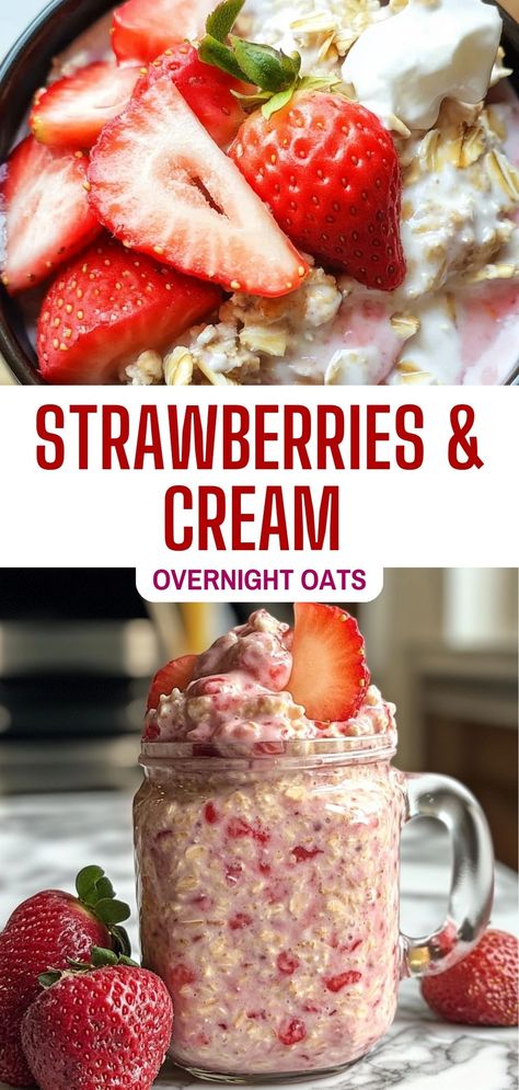 Wake up to delicious Strawberries and Cream Overnight Oats! This easy and nutritious recipe is perfect for a quick breakfast that keeps you full and satisfied. Packed with fresh strawberries and creamy yogurt, it’s a delightful way to enjoy healthy oats. Save this pin and try the recipe for a tasty start to your day! Easy Healthy Overnight Oats Recipes, Overnight Oats Healthy Gluten Free, Strawberry Over Night Oats, Strawberries Overnight Oats, Overnight Oats Strawberries And Cream, Breakfast Oatmeal Ideas, Valentines Overnight Oats, Mediterranean Overnight Oats Recipes, Strawberry Cream Overnight Oats