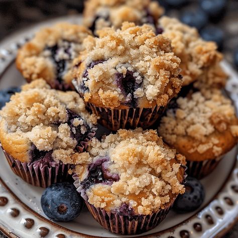 Delicious blueberry muffins with a crunchy streusel crumb topping. Perfect for breakfast or a snack. Ready in 45 minutes! Blueberry Muffins Streusel Topping, Blueberry Muffins With Crumble Topping, Blueberry Strudel, Crumb Topping Recipe, Blueberry Streusel Muffins, Oatmeal Toppings, Crumb Muffins, Healthy Blueberry Muffins, Breakfast Sweets