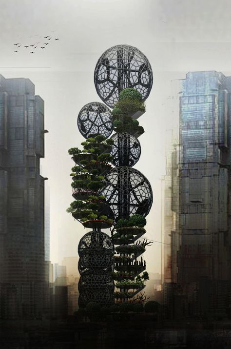 Architectural Design 07 Project: Visionary Botanical Skyscraper "The SkyPlantae" (Dystopian Setting) Sky Scrapers Architecture, Dystopian Architecture, Dystopian Setting, Dystopian Art, Vertical Farm, Future Farms, Vertical Farming, Dystopian Future, Concept Architecture