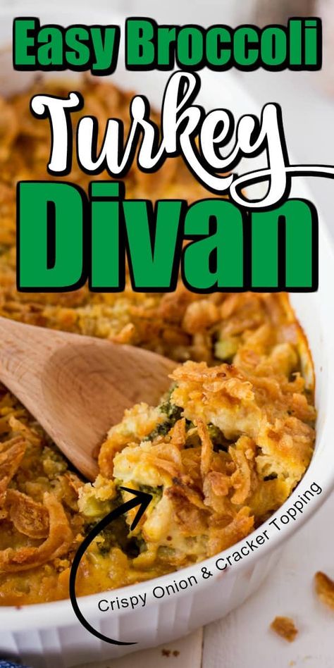 Easy Broccoli Turkey Divan is a delicious way to use leftover turkey or chicken. With a creamy interior and a crispy topping everyone will love this casserole! #turkeydivan #turkey #casserole Turkey Lunch Meat Casserole, Turkey Devine Casserole, Turkey Divan With Broccoli And Stuffing, Turkey Divan Recipe, Leftover Turkey Breast Recipes Healthy, Turkey Breast Casserole Recipes, Canned Turkey Recipes, Turkey Casserole Recipes Easy, Turkey Leftover Recipes Casseroles